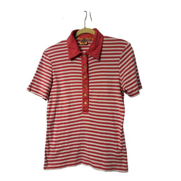 Tory Burch Tops - Tory Burch Coral White Polo Striped Collared Shirt Sz M Cotton